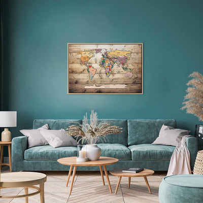 Painting in a wooden frame - World Map: Colorful Continents G ART