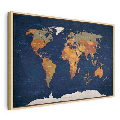 Painting in a wooden frame - World Map: Dark Ocean G ART