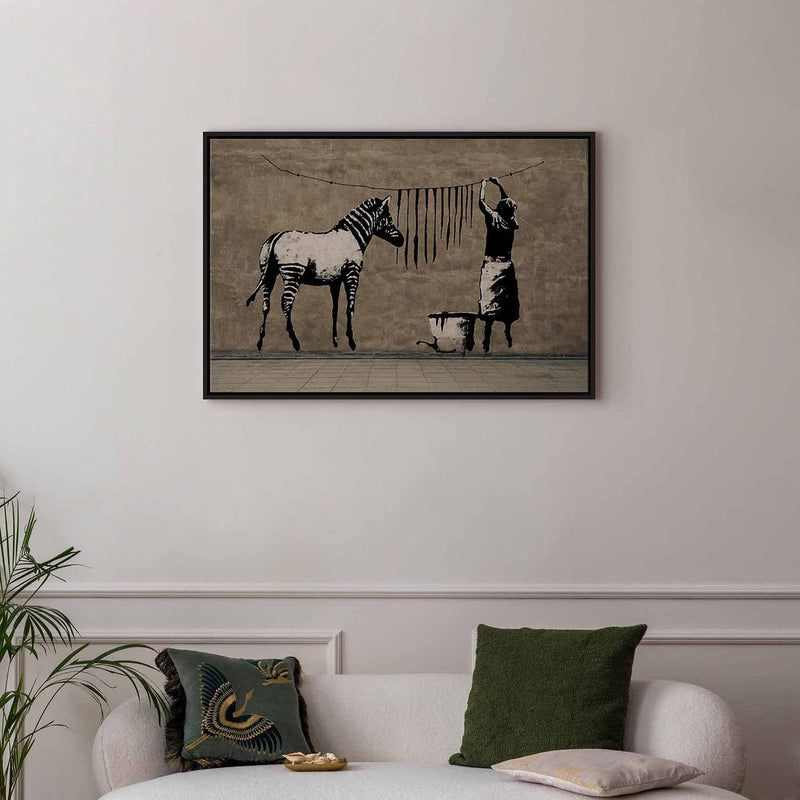 Painting in a black wooden frame - Banksy: Zebra on concrete G ART