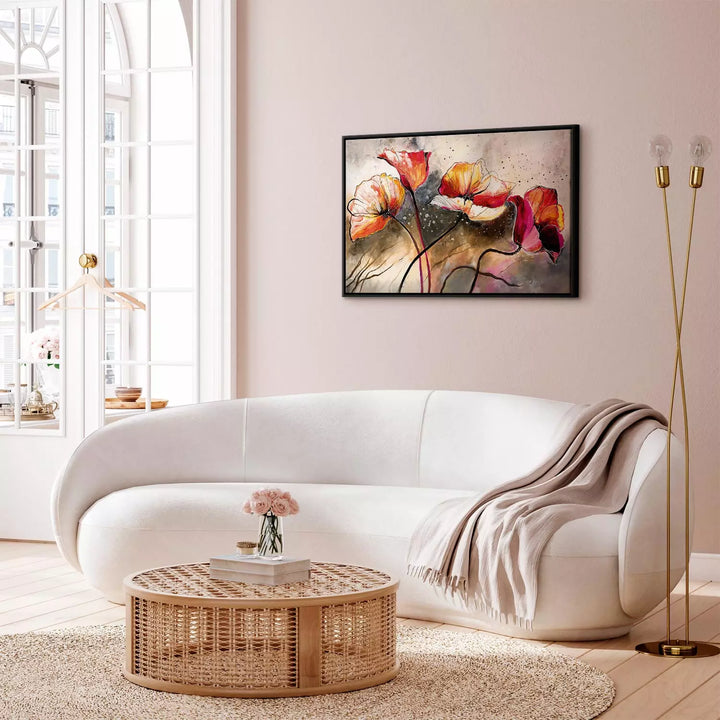 Glezna melnā koka rāmī - Maģiskas magones, oranža, beša un pelēka ART XL