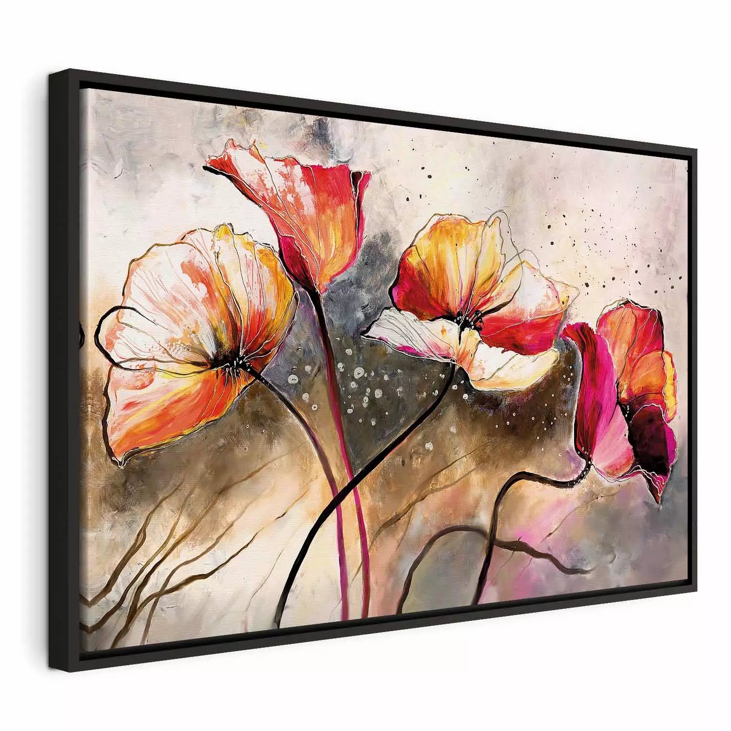 Glezna melnā koka rāmī - Maģiskas magones, oranža, beša un pelēka ART XL