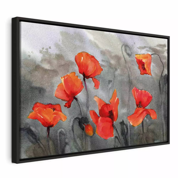 Glezna melnā koka rāmī - Magones (akvareļu tehnika), uz pelēka fona ART XL