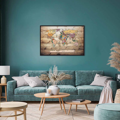 Painting in a black wooden frame - World Map: Colorful Continents G ART