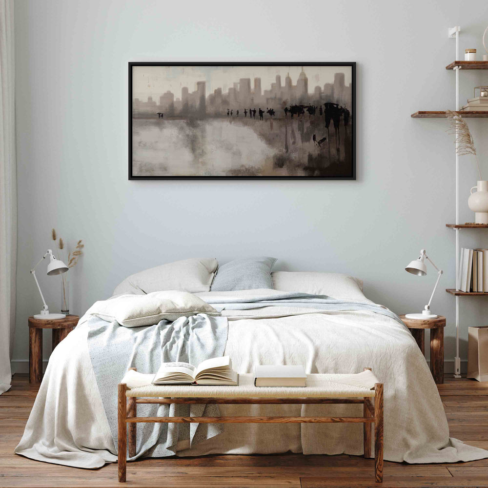 Glezna melnā koka rāmī - Pilsēta lietū, 100x50 cm G ART