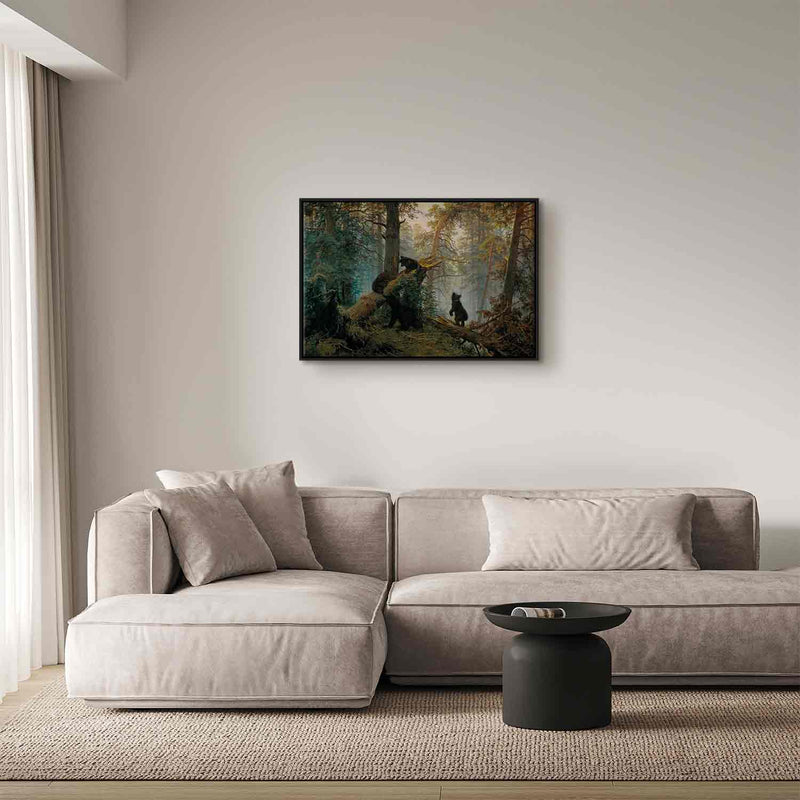 Painting in a black wooden frame - Morning in the pine forest G ART
