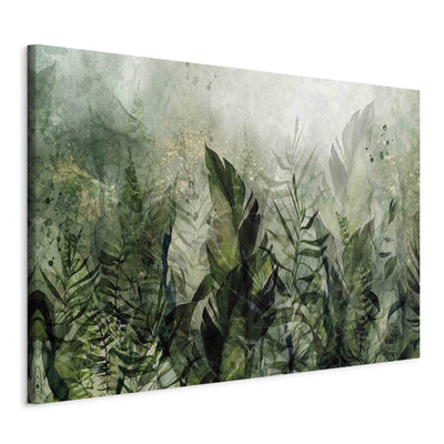 Painting on acrylic glass - Morning Dew - composition with leaves on green background, 151497 Artgeist
