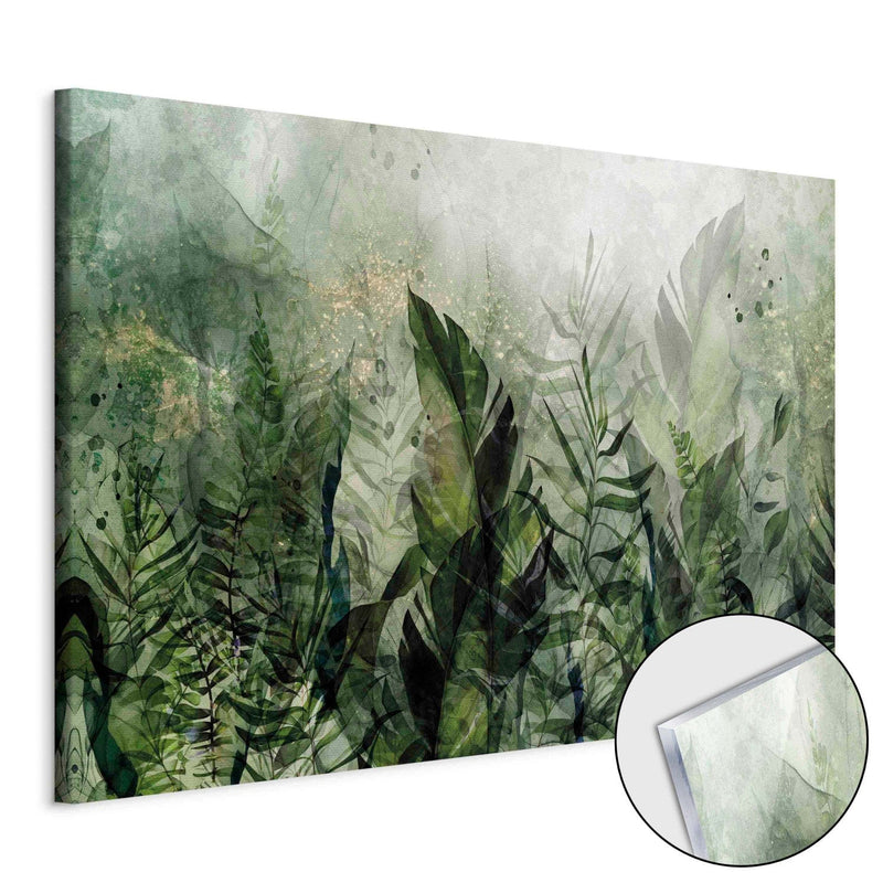 Painting on acrylic glass - Morning Dew - composition with leaves on green background, 151497 Artgeist