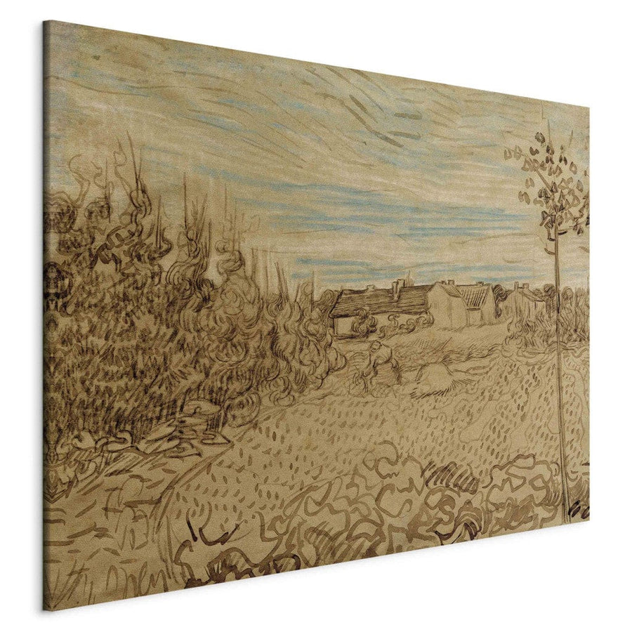 Gleznas reprodukcija /Vinsents van Gogs/ - Mājiņas un sieviete, kas strādā pa vidu. G ART