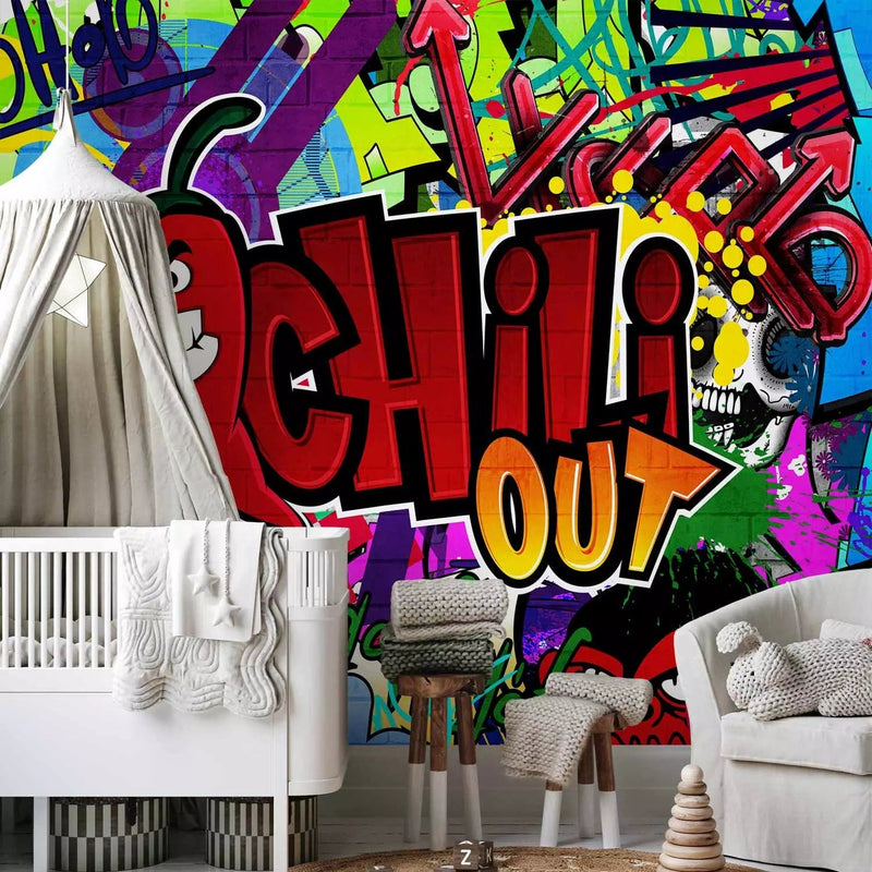 Graffiti Wall Murals with colored inscriptions in English and chili g-art