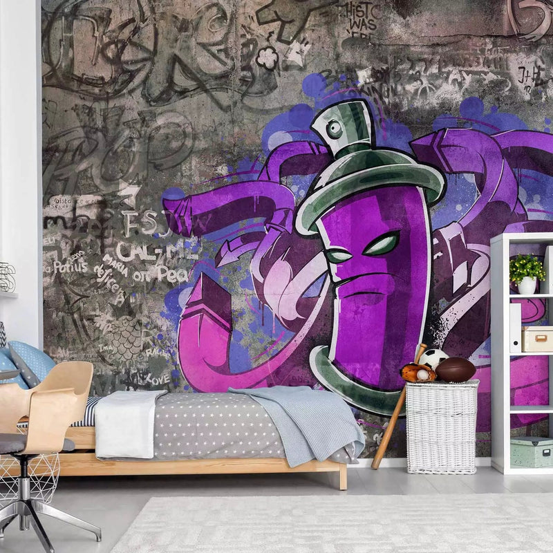 Wall Murals with street graffiti with purple balloon on a gray background, 60606g-art