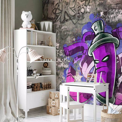 Wall Murals with street graffiti with purple balloon on a gray background, 60606g-art