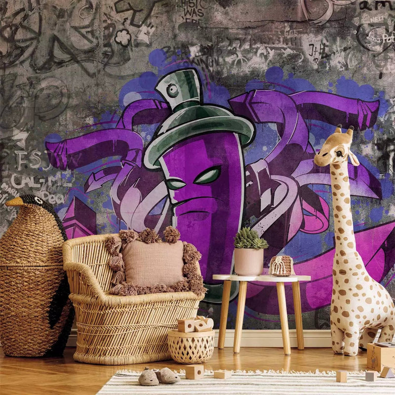 Wall Murals with street graffiti with purple balloon on a gray background, 60606g-art