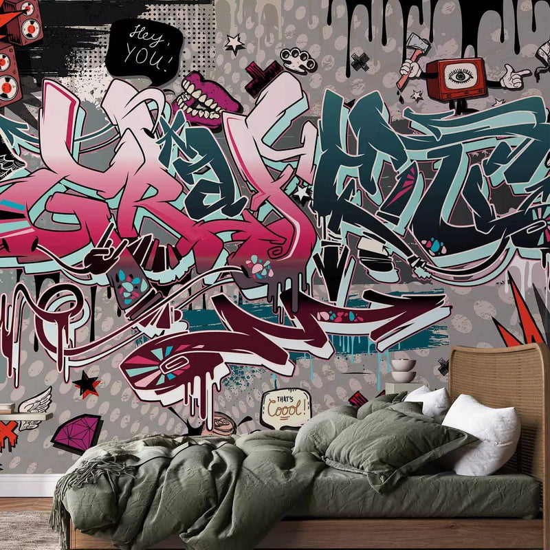 Wall Murals with street graffiti inscriptions on gray basis, 60754g-art