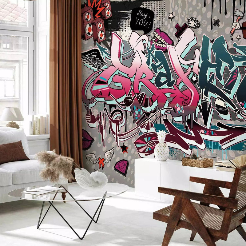 Wall Murals with street graffiti inscriptions on gray basis, 60754g-art