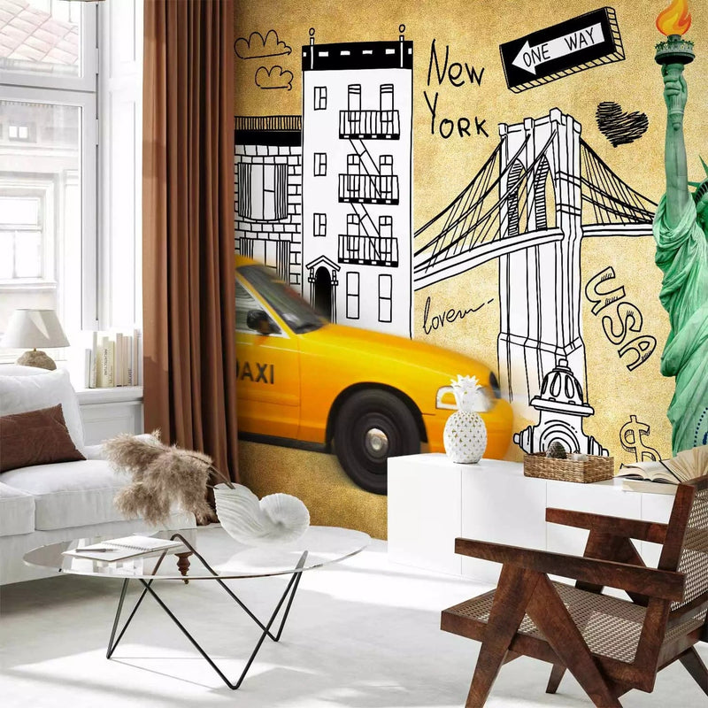 Yellow Wall Murals Young people with New York City theme, 60770g-art