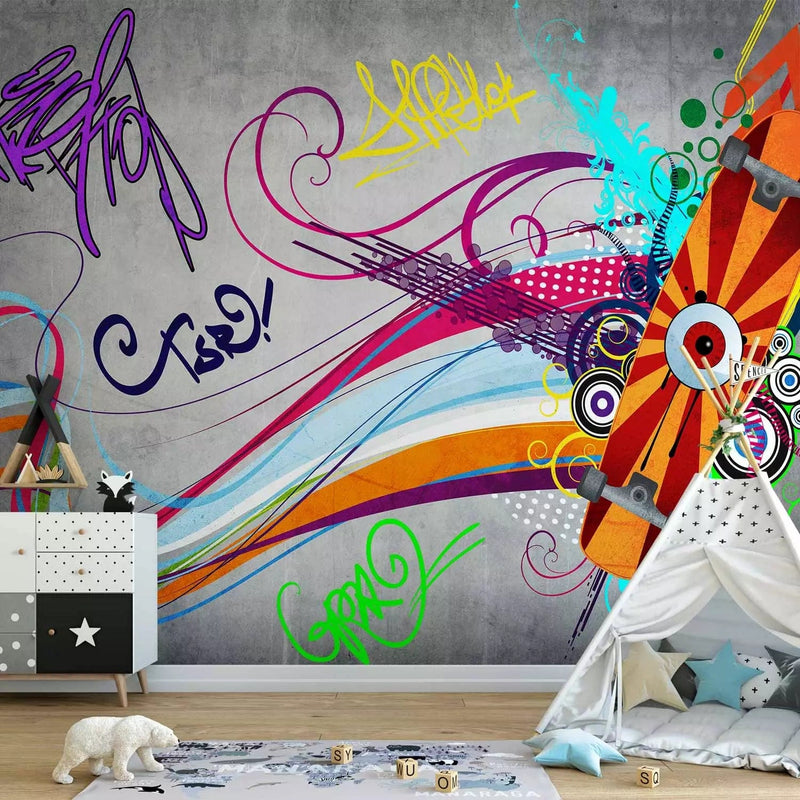 Graffiti Wall Murals - Drawing with colorful stripes on a gray background G-art