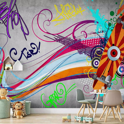 Graffiti Wall Murals - Drawing with colorful stripes on a gray background G-art