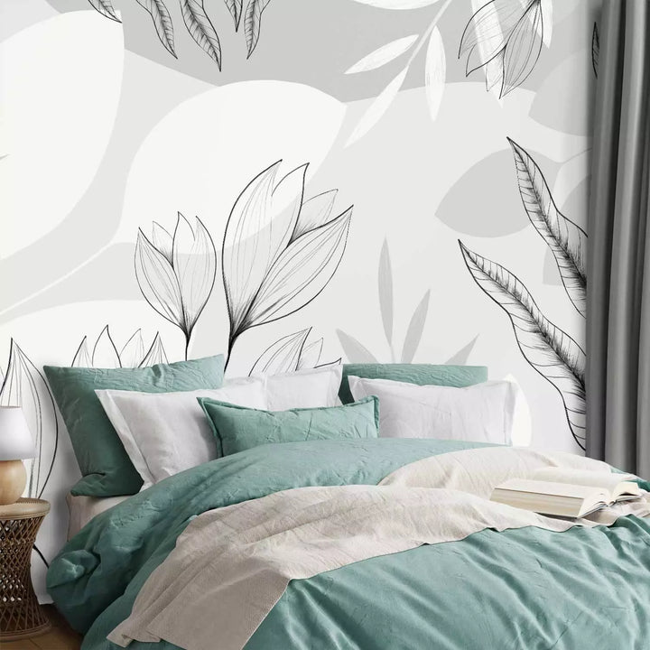 Fototapetes - Pelēka ziedu un lapu kompozīcija, 138804