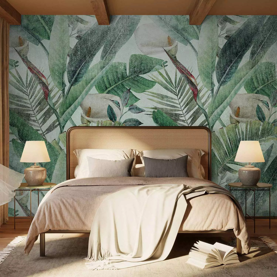 Fototapetes - Kompozīcija ar džungļu lapām un ziediem, 142310