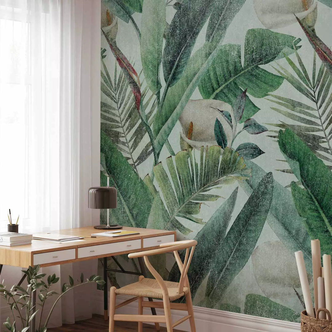 Fototapetes - Kompozīcija ar džungļu lapām un ziediem, 142310