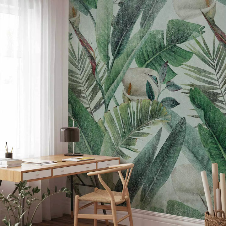 Fototapetes - Kompozīcija ar džungļu lapām un ziediem, 142310