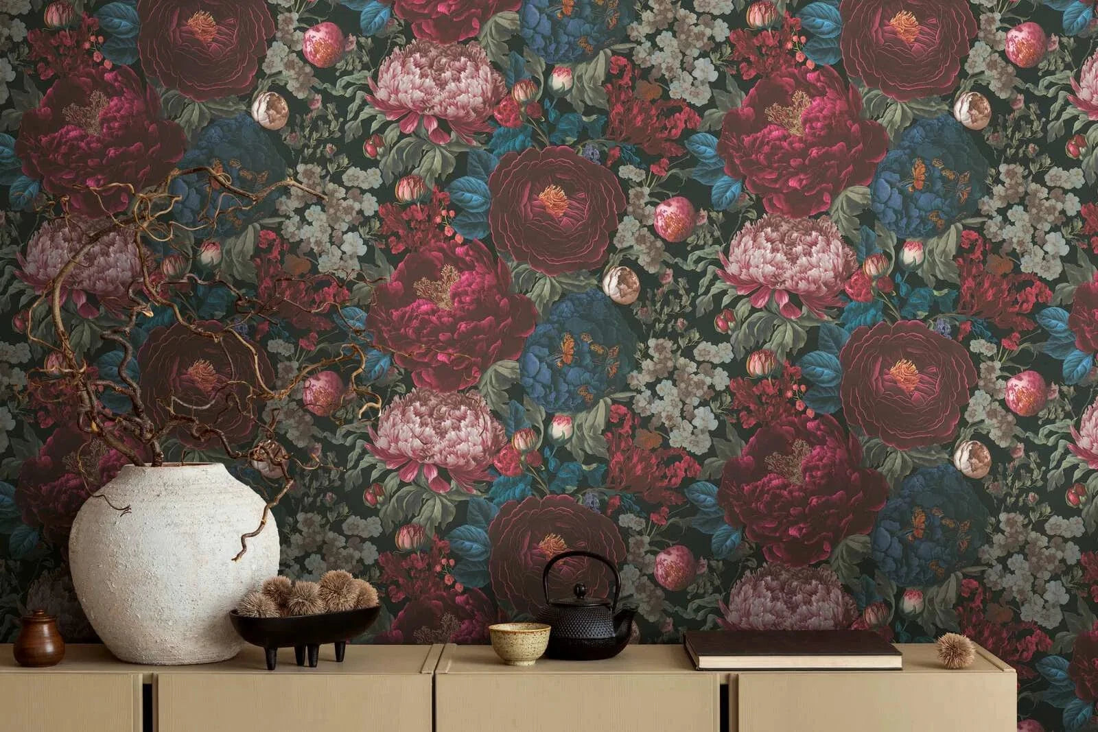 Greznas flizelīna tapetes ar krāšņu ziedu rakstu - sarkana, zila AS Creation