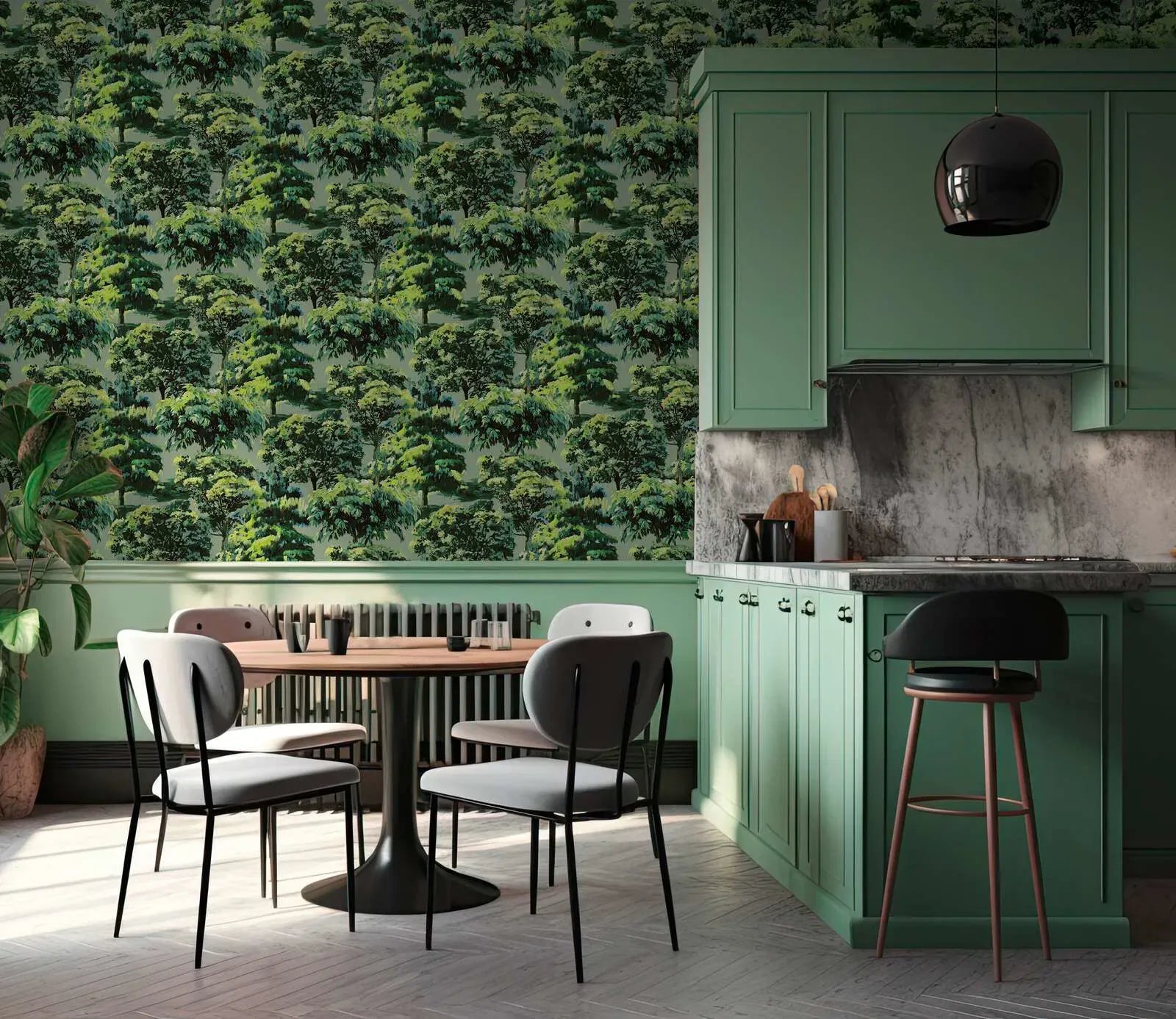 Luxurious green wallpaper with a forest motif in an exclusive and relaxing living room. SKU: 3012505, AS Creation.
