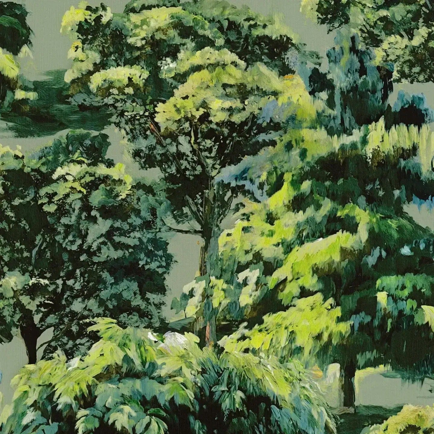 Close-up: luxurious green wallpaper with a forest motif, highlighting the subtle texture. SKU: 3012505, AS Creation.