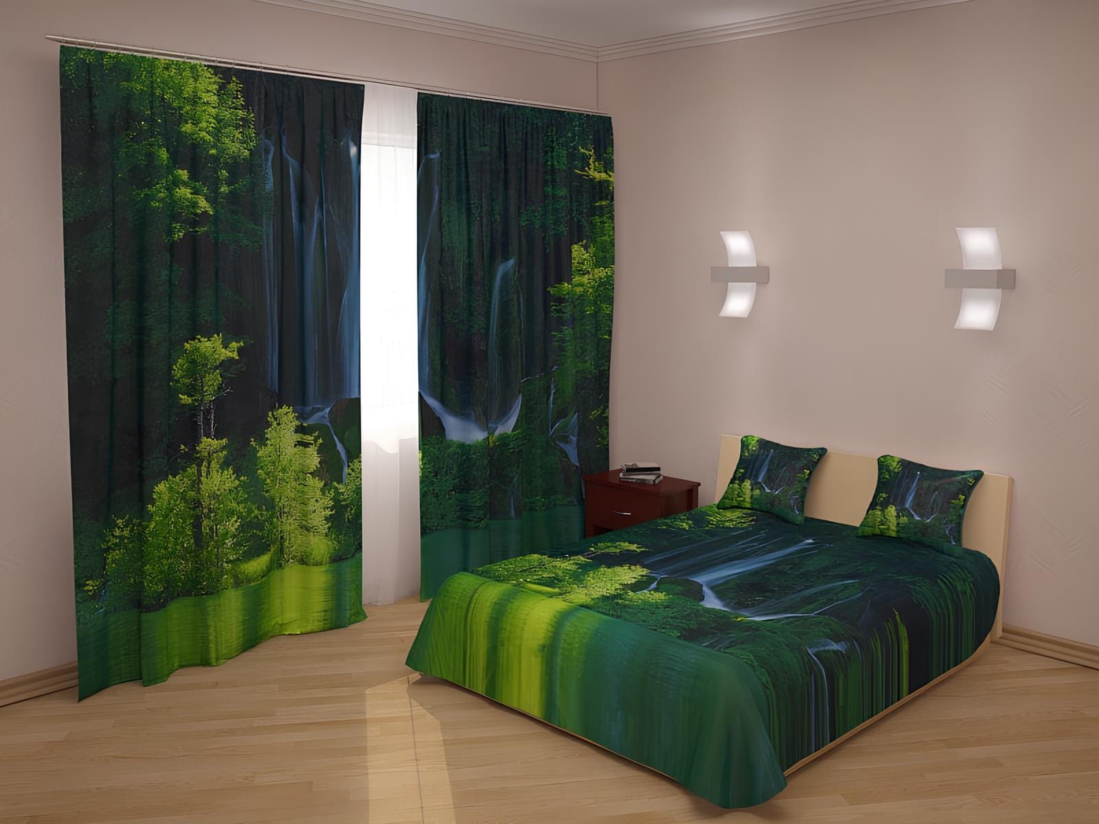 Gultas pārklājs ar dabas rakstu - Zaļš ūdenskritums - uz pasūtījumu Digital Textile