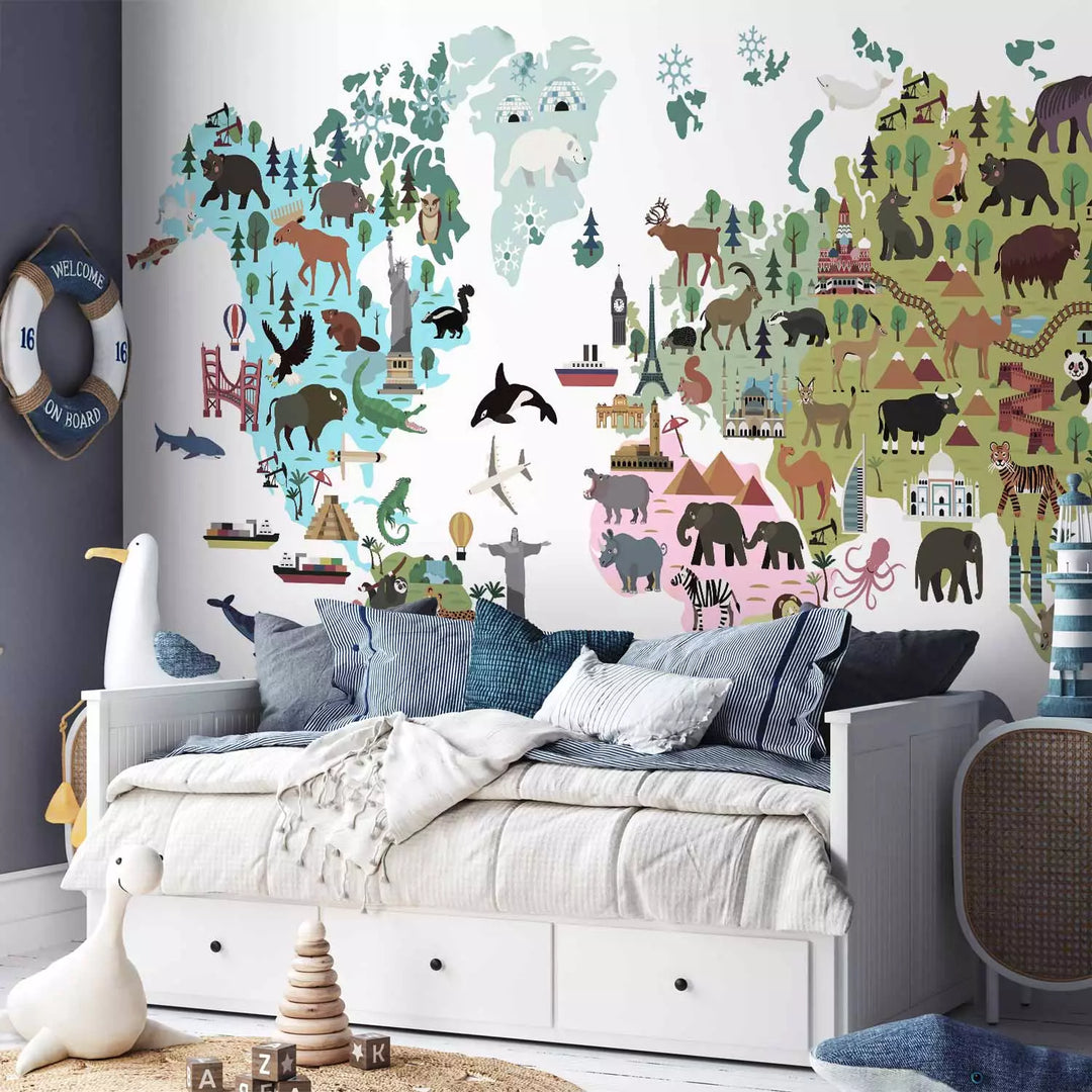 Fototapetai - Spalvotas žemėlapis vaikams, žemynams ir gyvūnams, 149287