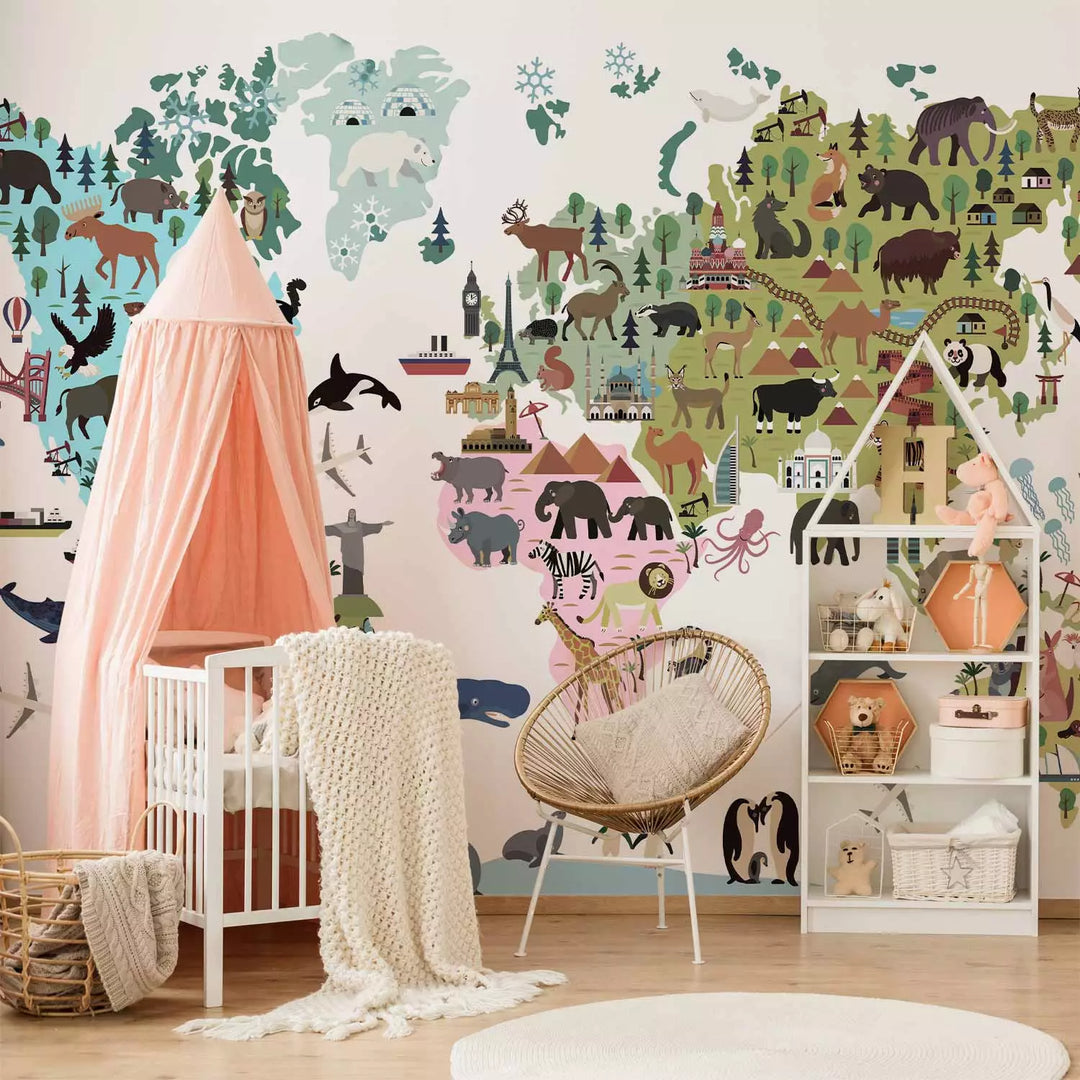 Fototapetai - Spalvotas žemėlapis vaikams, žemynams ir gyvūnams, 149287