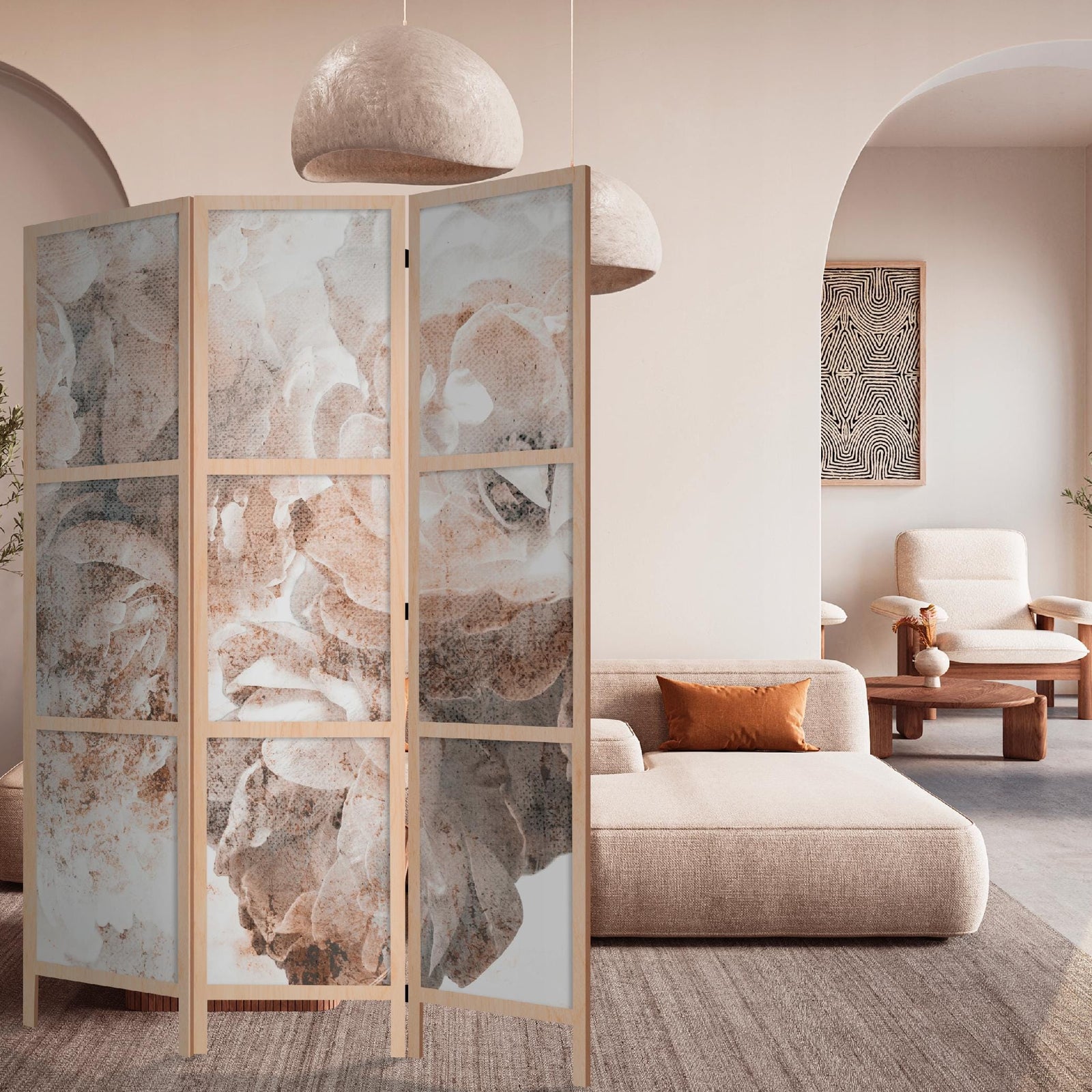 Japāņu aizslietnis, vienpusējs 135x172, Abstrakts ziedu motīvs siltos bēšos toņos L-ART