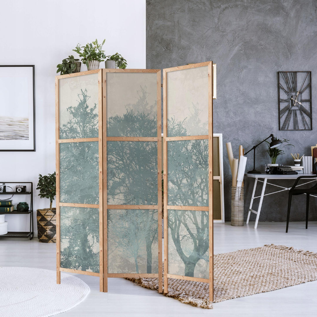 Japāņu aizslietnis, vienpusējs 135x172, Miglainais mežs, Mierinoša dabas ainava zilganzaļos toņos L-ART