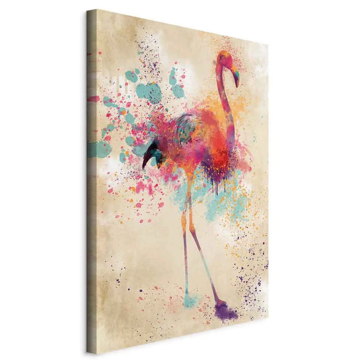 Krāsaina audekla glezna ar flamingo akvareļa un krāsu šļakatu stilā