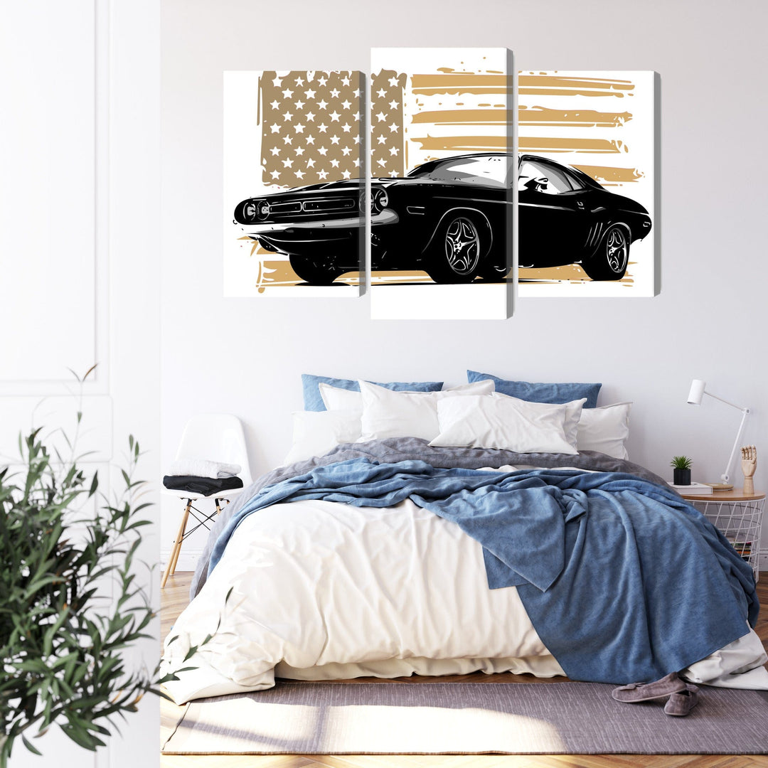 Kanva - Amerikāņu muskuļauto ar ASV karoga fonu, N-3368 X-ART