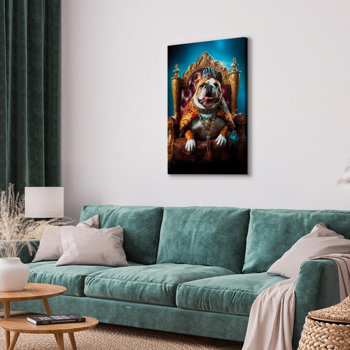 Glezna ar suni - Angļu buldogs tronī karaļa lomā, 150259 G-ART
