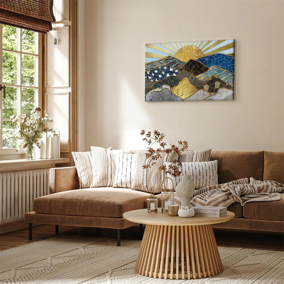 Glezna - ar abstrakciju: kalniem un saulrietu,zila, zelta, pelēka ART XL