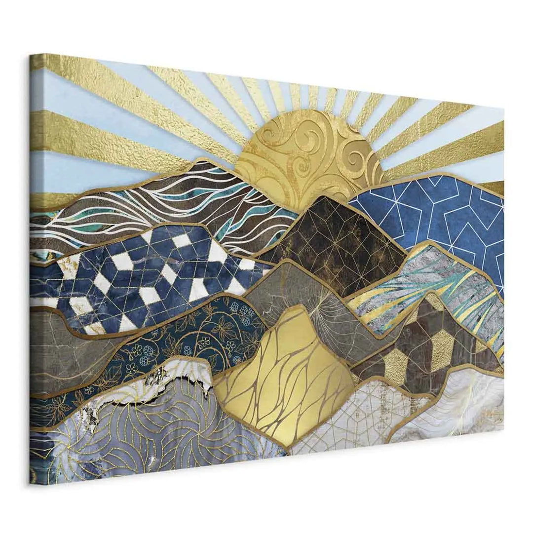 Glezna - ar abstrakciju: kalniem un saulrietu,zila, zelta, pelēka ART XL