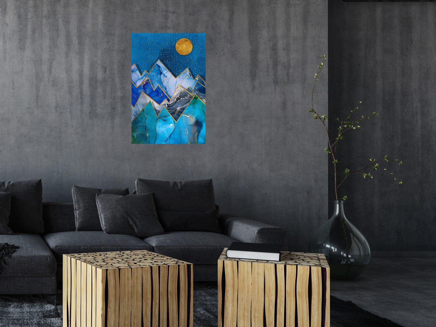 Glezna ar abstrakta kalniem zilā krāsā ar zelta līnijām, 129414 G-ART.