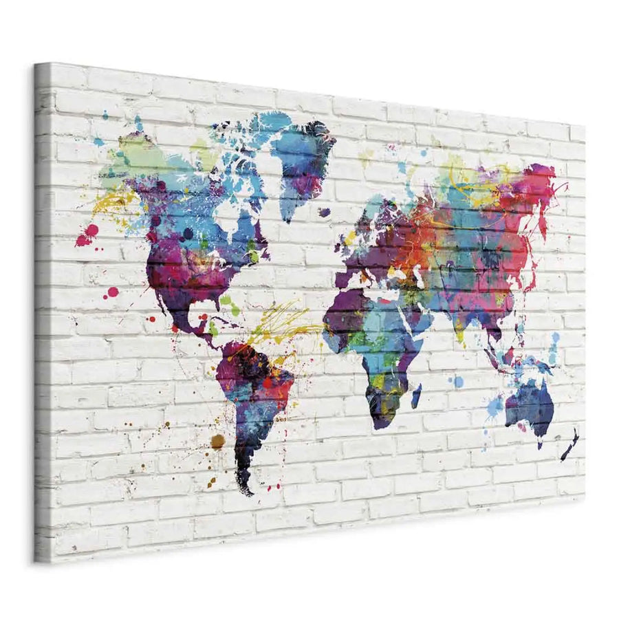 Glezna ar abstrakta pasaules karti uz pelēkas ķieģeļu sienas, 149954 ART XL