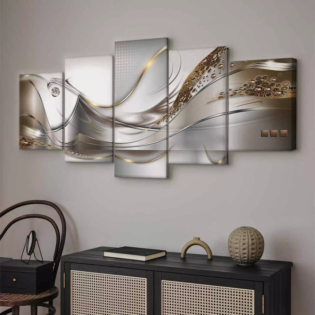 Kanva ar abstrakta rakstu  - Zelta lidojums, zeta viļņi uz pelēka ART XL