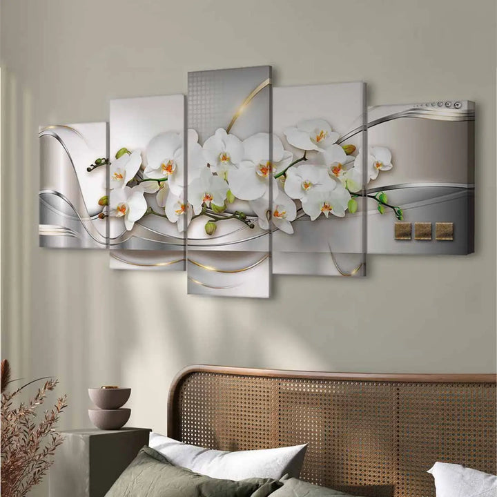 Glezna ar baltam arhidejām uz pelēka abstrakta fona - 50103 (x5) ART XL