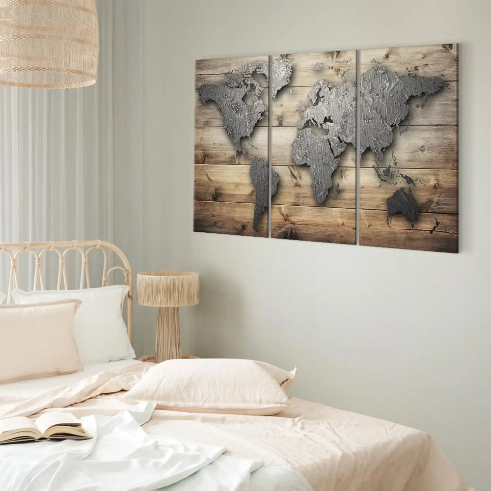 Glezna ar karti uz koka - abstrakta pasaules karte uz koka tekstūras ART XL