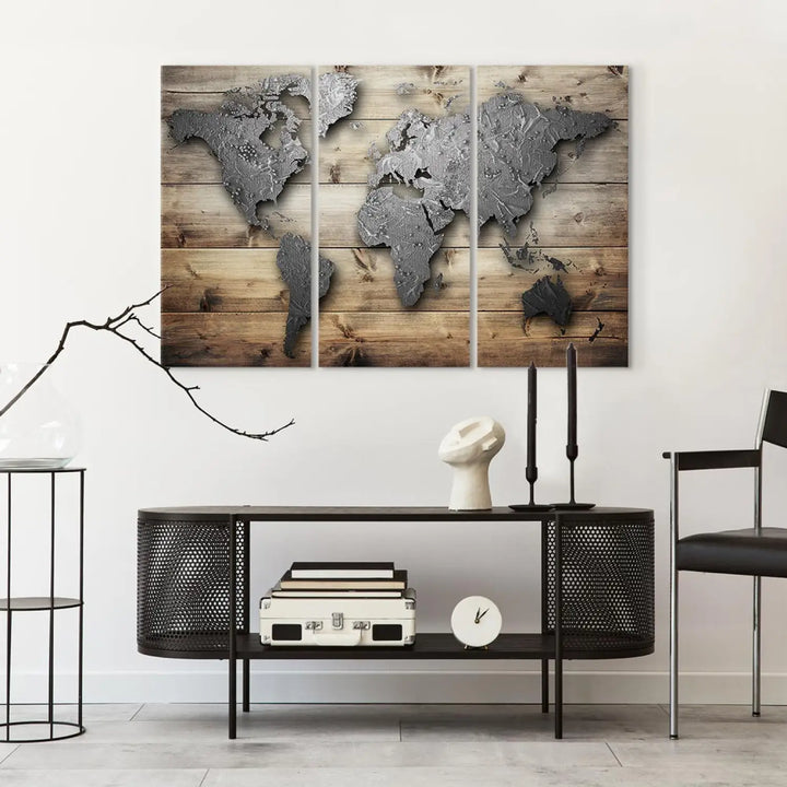 Glezna ar karti uz koka - abstrakta pasaules karte uz koka tekstūras ART XL