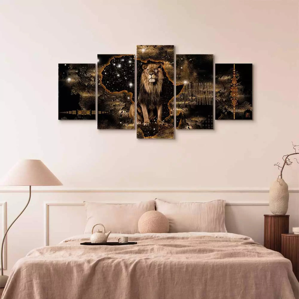 Glezna ar lauvu uz tumši brūna fona - Zelta lauvu, (x 5), 50001 ART XL