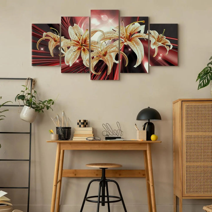 Glezna ar lilijām uz abstrakta sarkana fona - Kaislība, 90607 ART XL