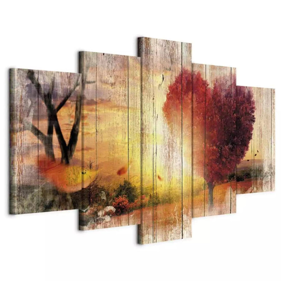 Kanva ar rudens dabu - Saulainā pļava un rozā lapas, oranža fons G-ART