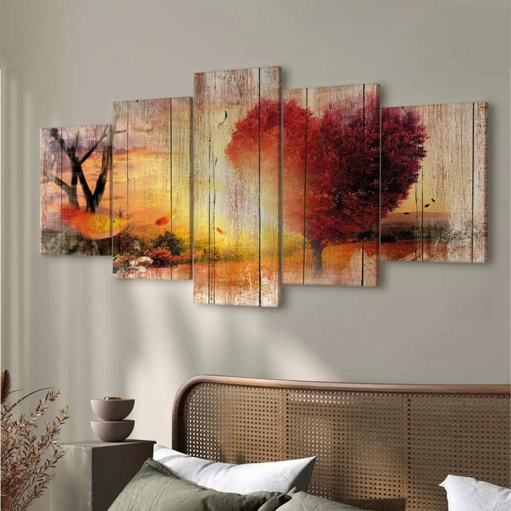 Kanva ar rudens dabu - Saulainā pļava un rozā lapas, oranža fons G-ART