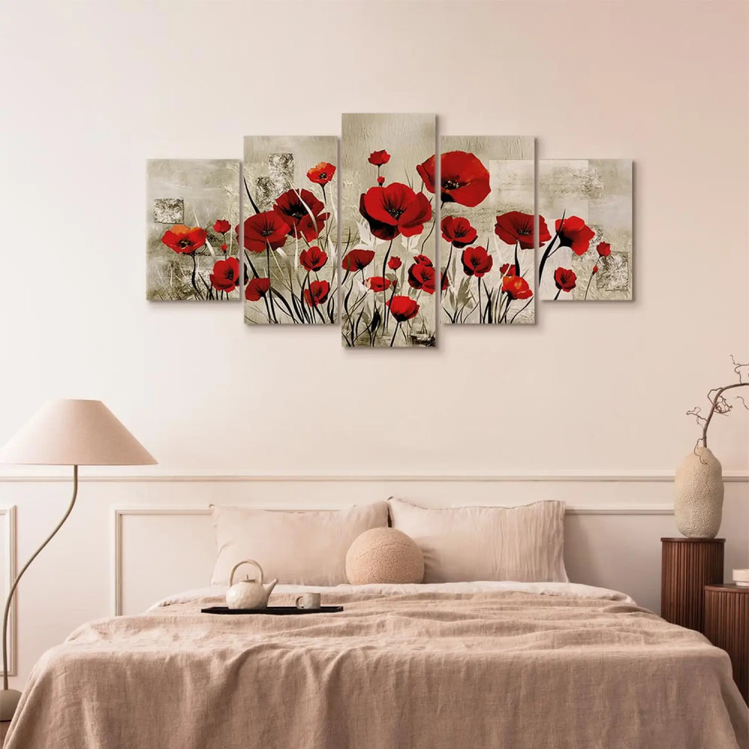 Glezna ar sarkanam magonēm uz silti pelēka fona - Rubīna lauks ART XL