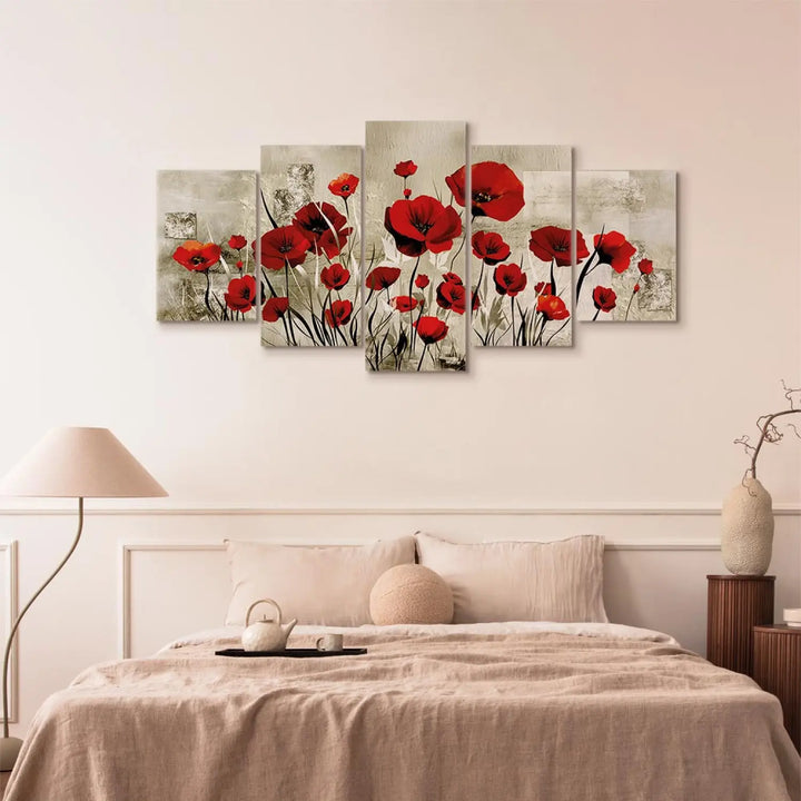 Glezna ar sarkanam magonēm uz silti pelēka fona - Rubīna lauks ART XL